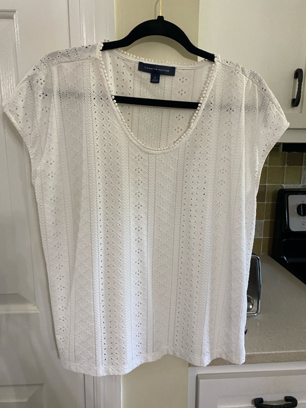 Tommy Hilfiger White Eyelet Scoop Neck Short Sleeve Top